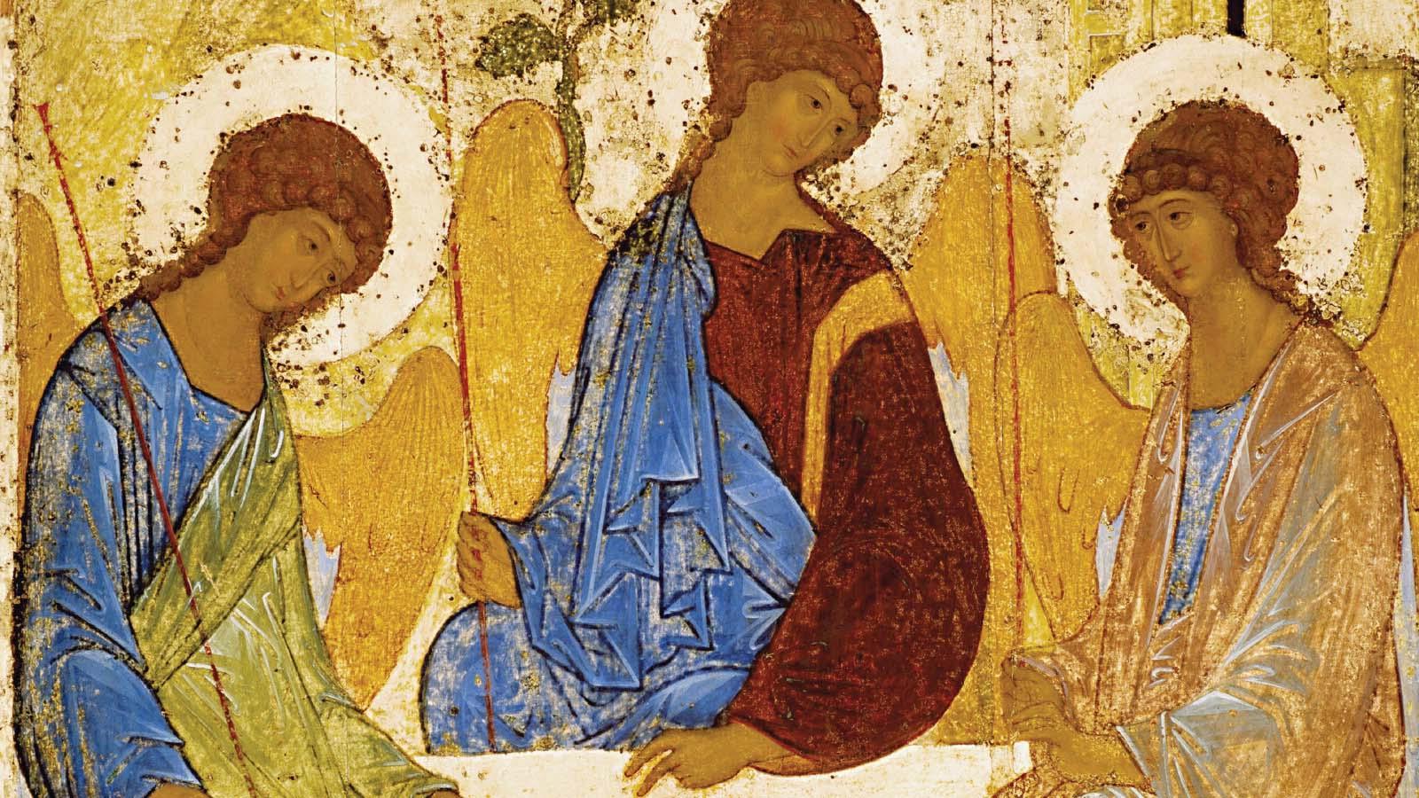Closeup of an icon of the Holy Trinity, originally painted by St. Andrei Rublev. 